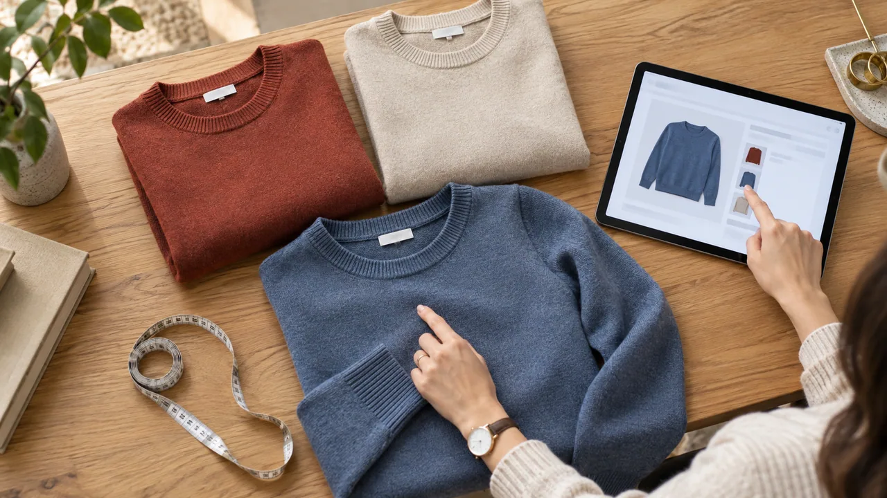 Capi di abbigliamento in colori e taglie differenti disposti su un banco accanto a un tablet.