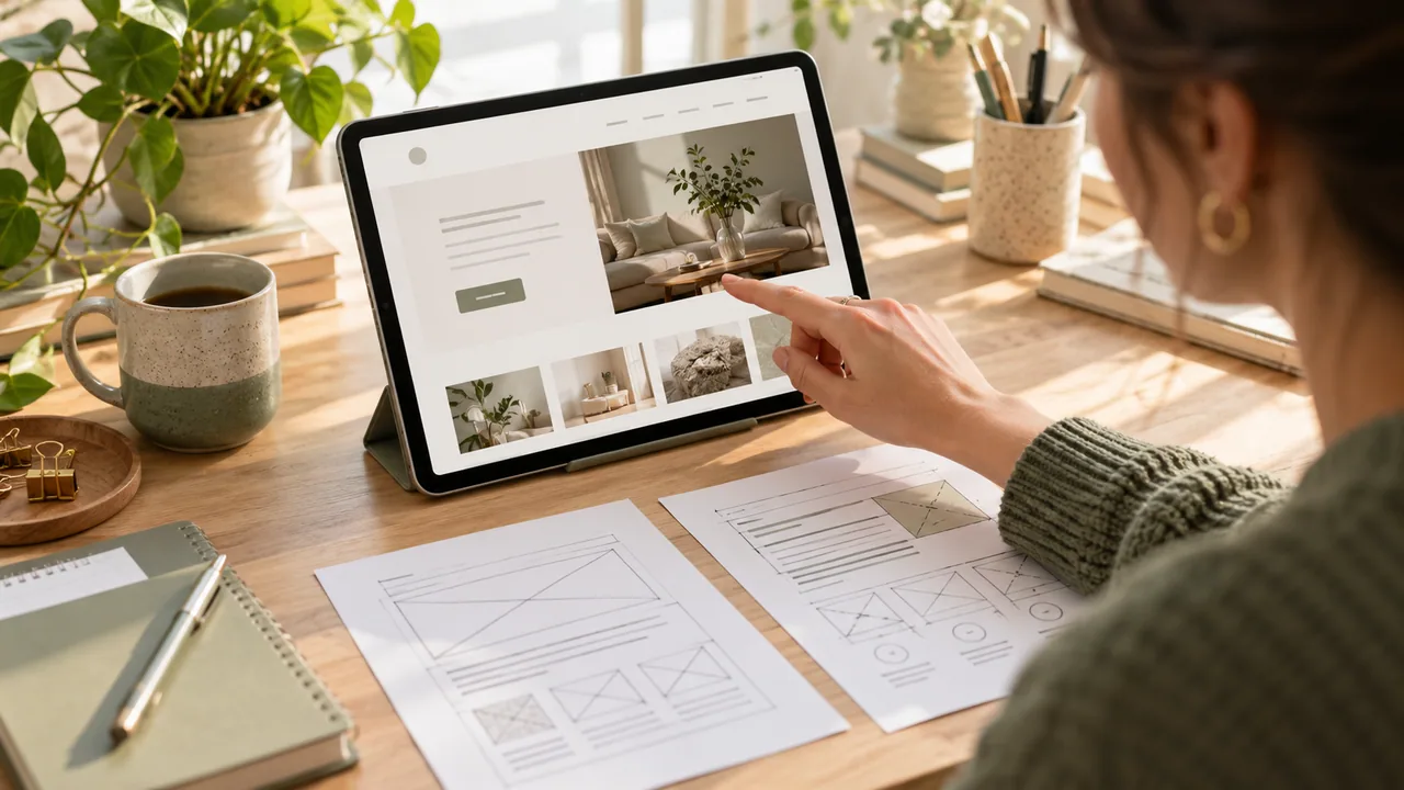 Un tablet su un supporto affiancato da due bozze della stessa pagina per confrontarne il layout