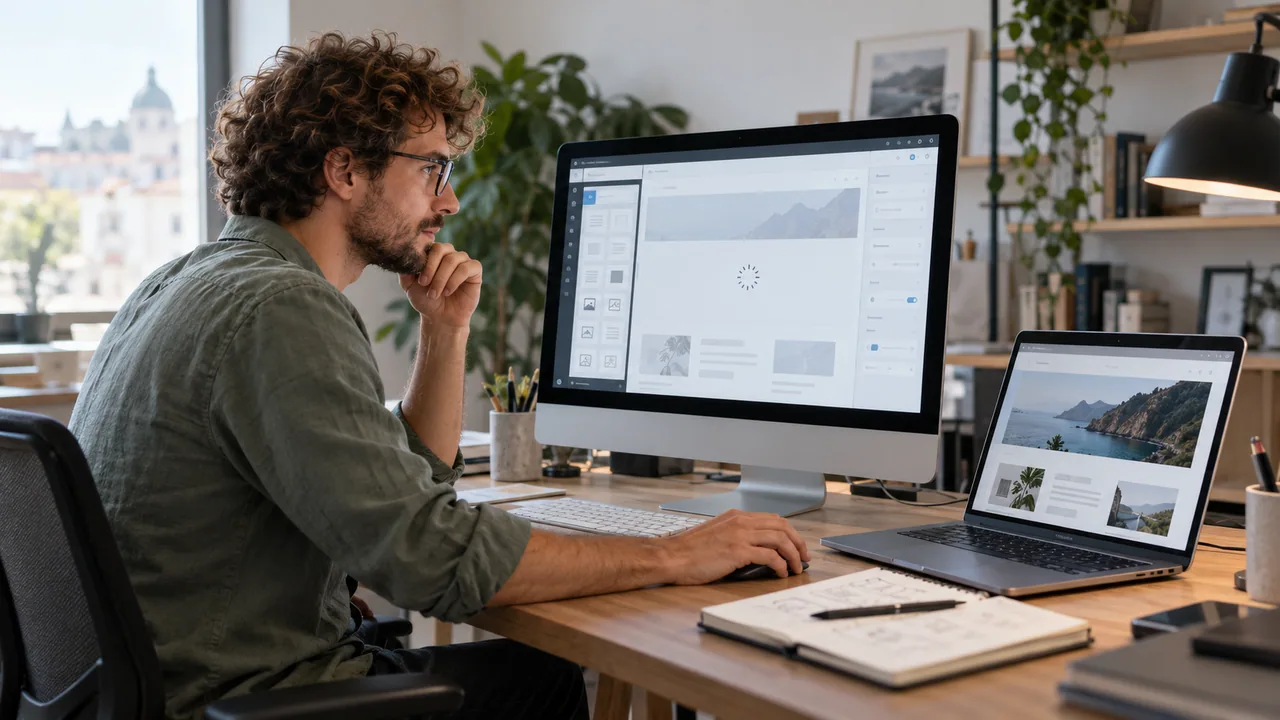 Tecnico che controlla un editor web in caricamento sul monitor e il sito aperto sul portatile