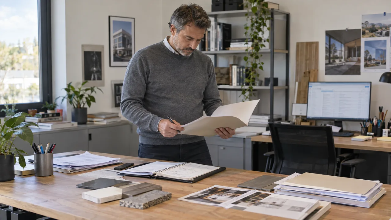 Scena illustrativa generata con AI: un responsabile commerciale organizza richieste e preventivi nel proprio ufficio.