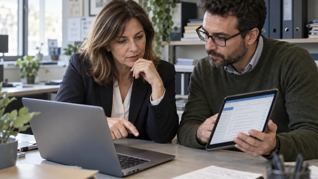 Responsabile amministrativa e tecnico confrontano messaggi su un computer e un tablet.