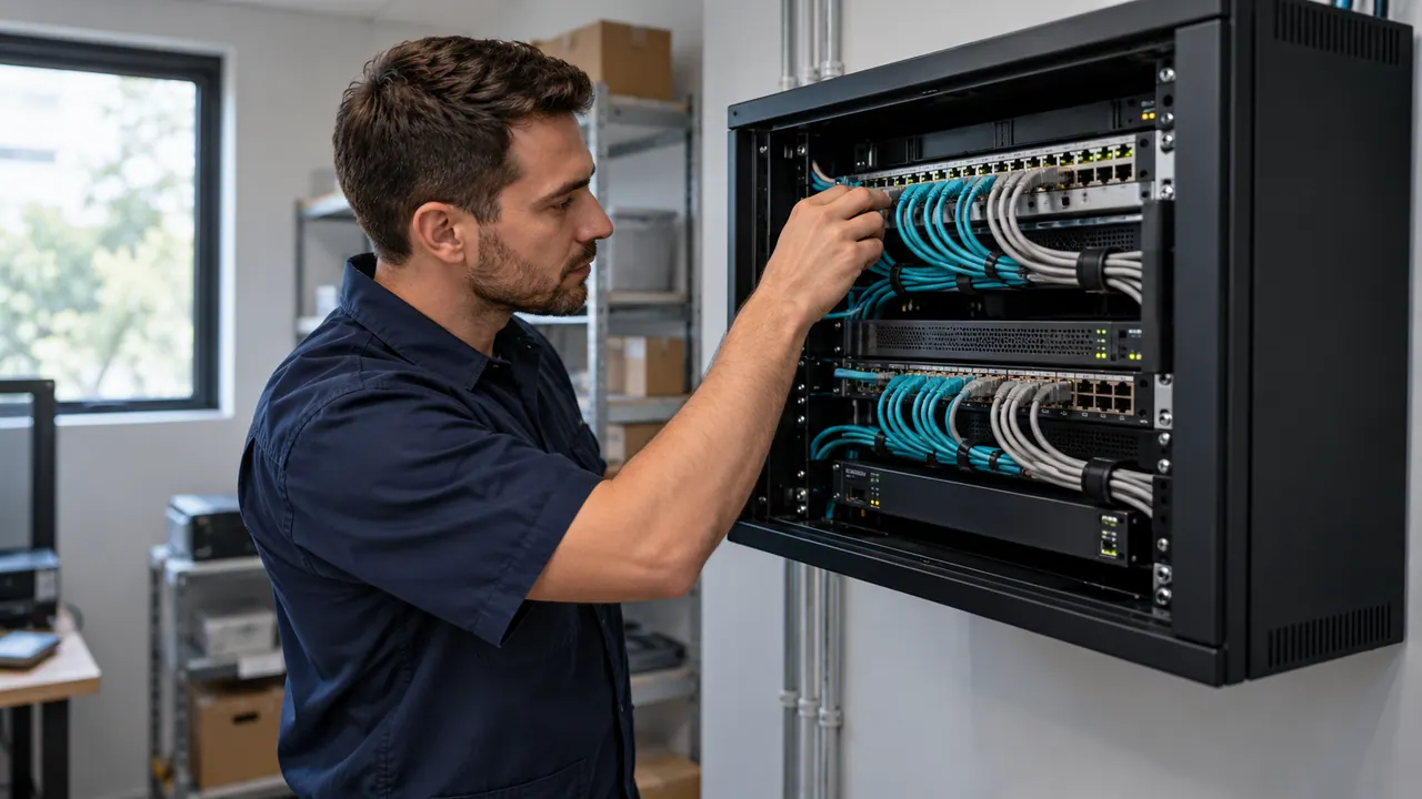 Un tecnico controlla i collegamenti di un piccolo armadio di rete