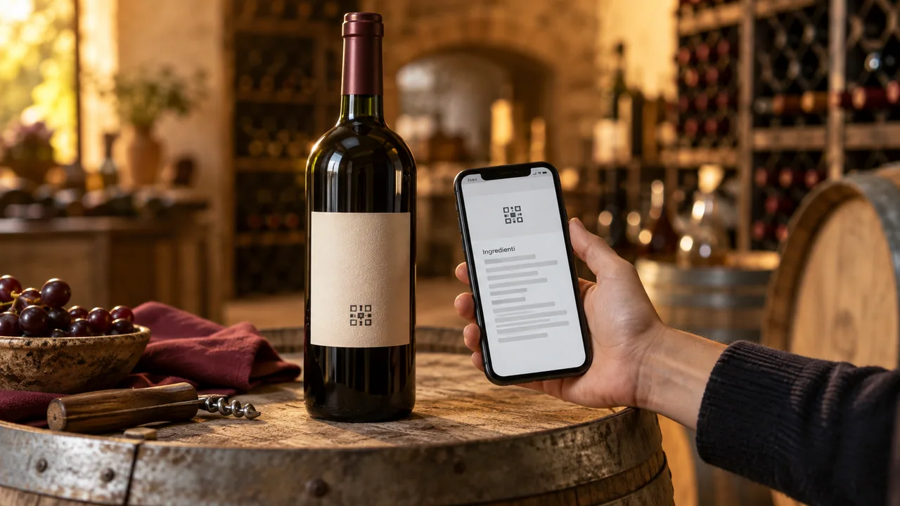 Bottiglia di vino su un banco in cantina durante una scansione con lo smartphone.
