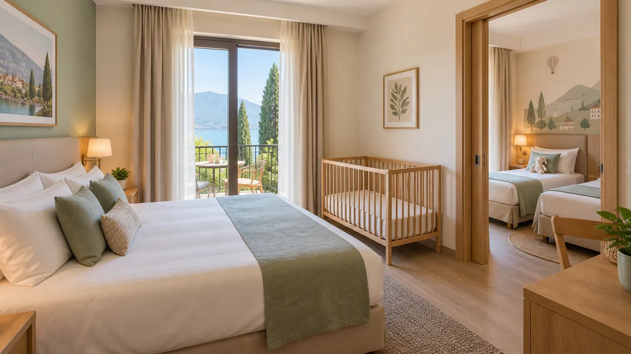 Scena illustrativa di una camera familiare con ambienti comunicanti e dotazioni per bambini.