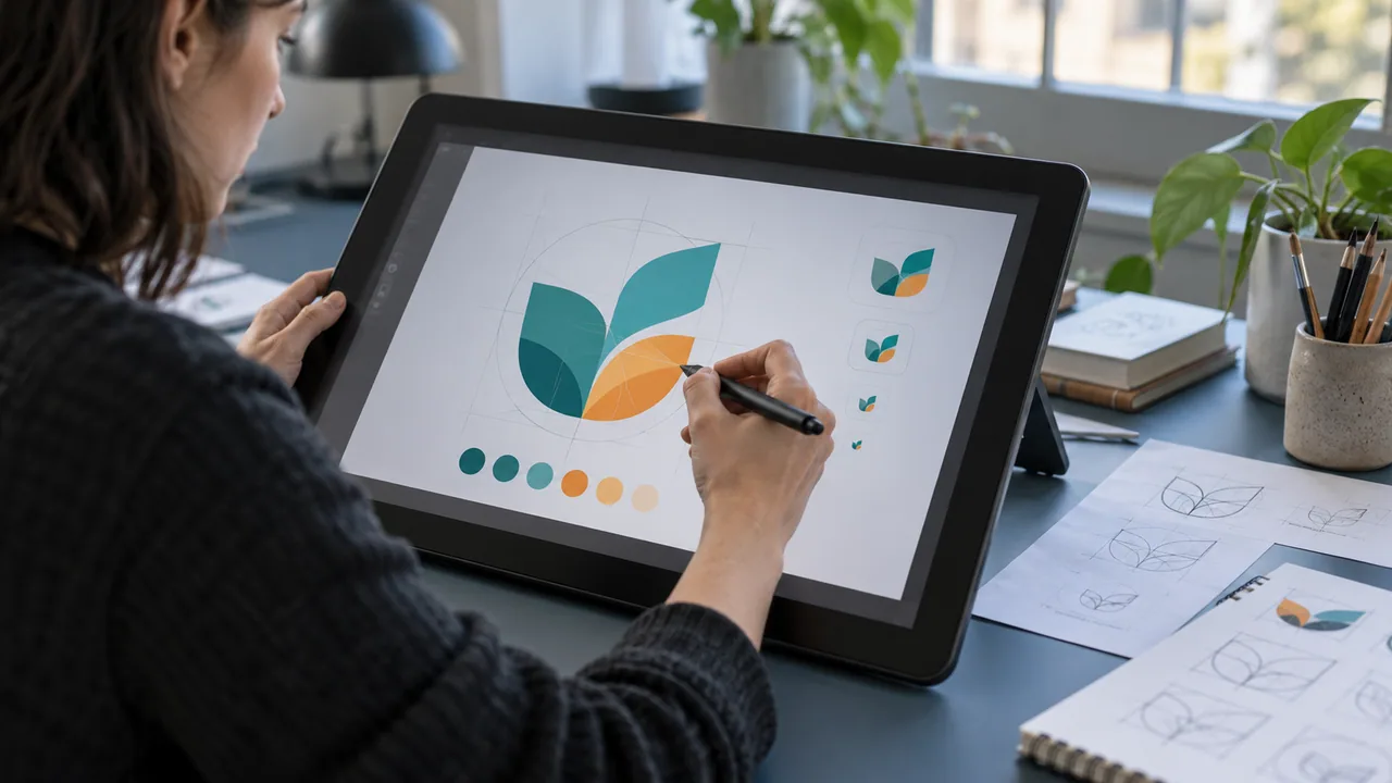 Designer lavora a piccole icone su una tavoletta grafica con prove del marchio accanto