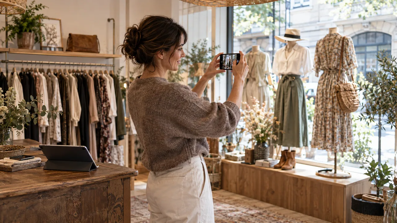 Titolare di una boutique fotografa la vetrina con lo smartphone.