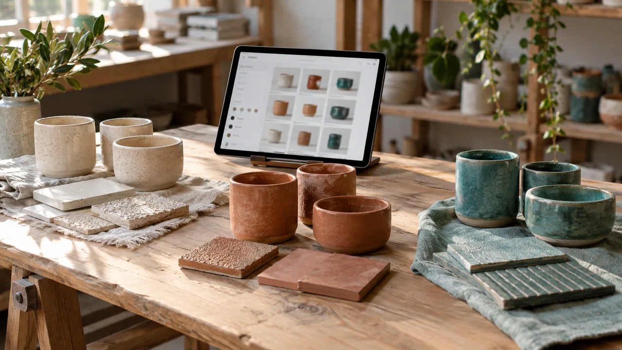 Scena illustrativa: campioni di ceramica sono ordinati per colore e materiale accanto a un tablet con un catalogo digitale.
