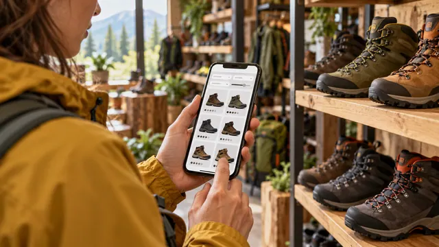 Una cliente consulta un catalogo di scarponi sullo smartphone in un negozio outdoor