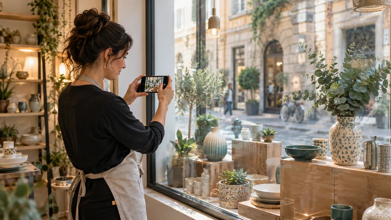 Scena illustrativa generata con AI: una titolare fotografa con lo smartphone la vetrina del proprio negozio di ceramiche.