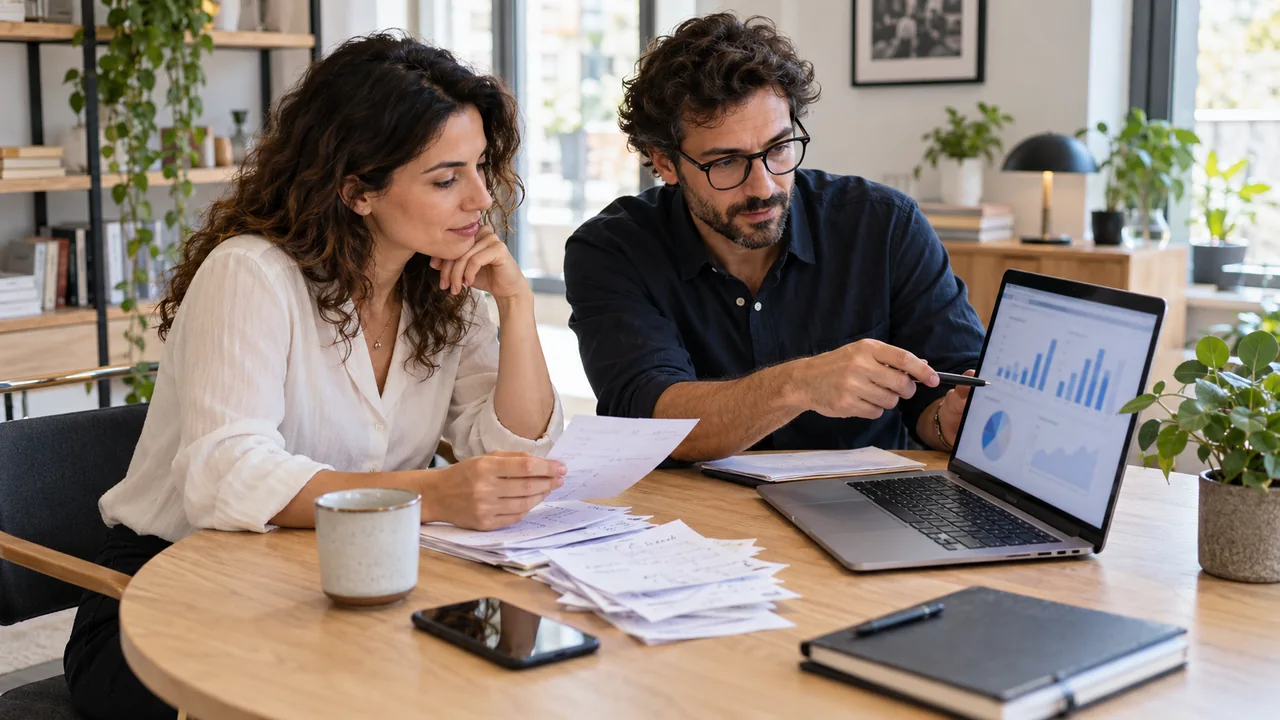 Una titolare e un consulente confrontano report pubblicitari e richieste ricevute in un ufficio luminoso.