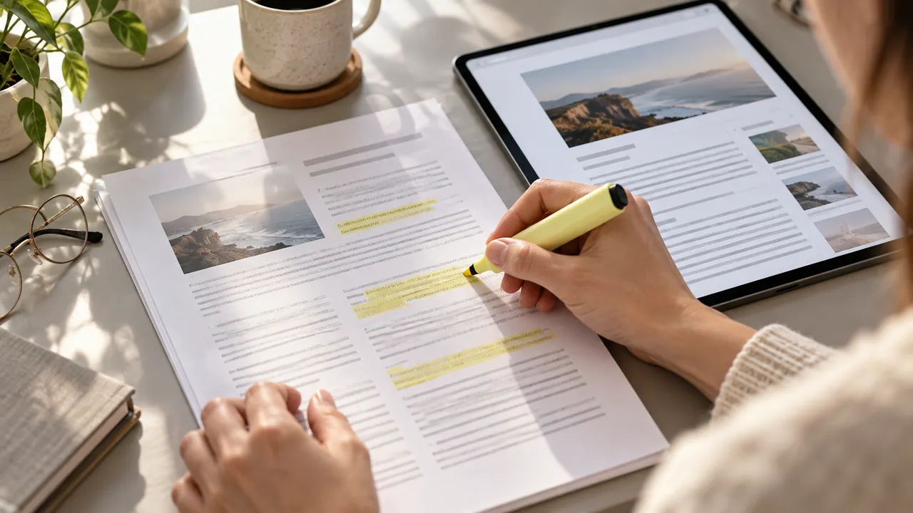 Una redattrice evidenzia passaggi di un articolo stampato accanto alla sua versione su tablet