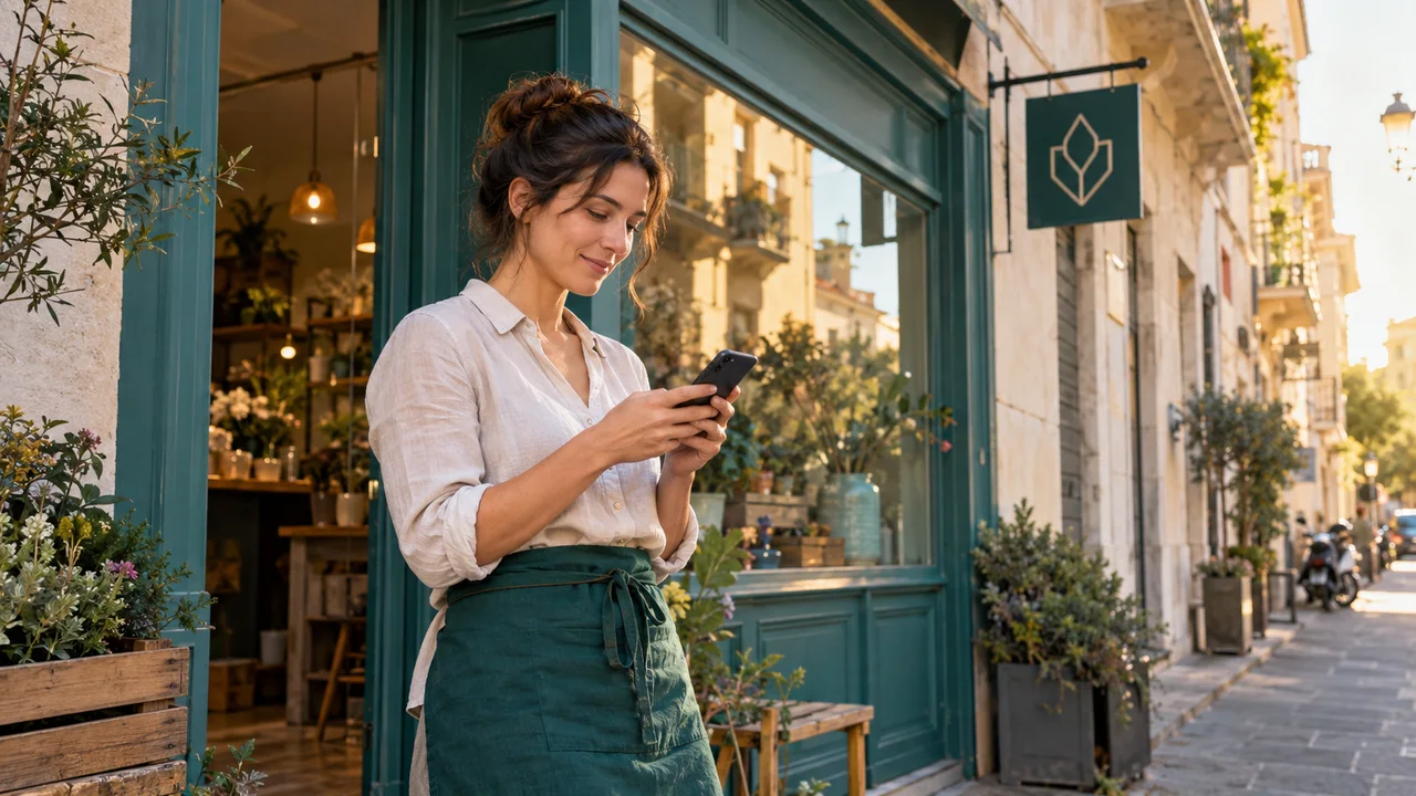 Titolare davanti all’insegna della propria attività con uno smartphone in mano.