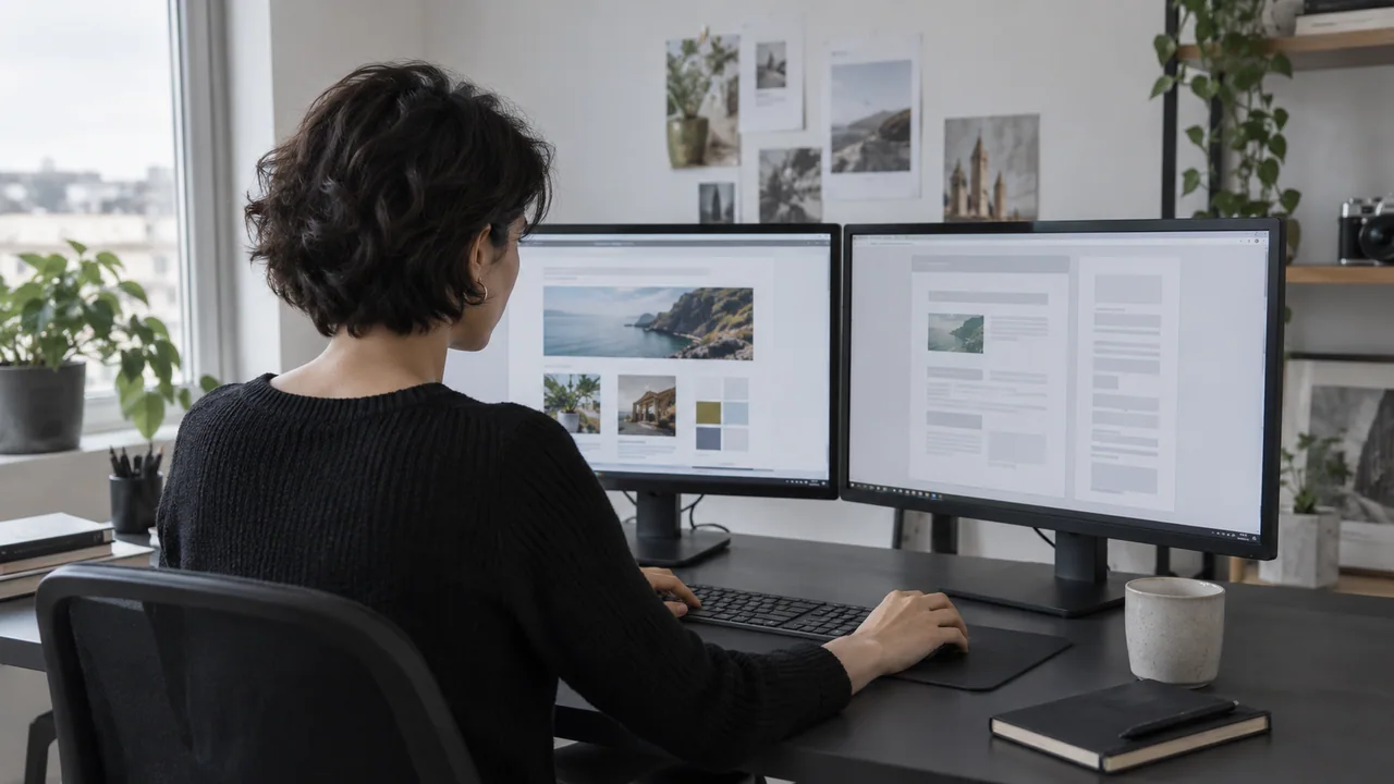 Scena illustrativa generata con AI: Analista tecnico confronta su due monitor il contenuto visibile di una pagina web e la sua elaborazione.