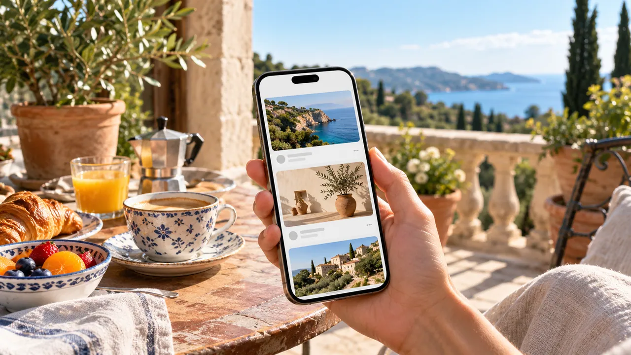 Persona consulta articoli illustrati sullo smartphone da una terrazza affacciata sul mare