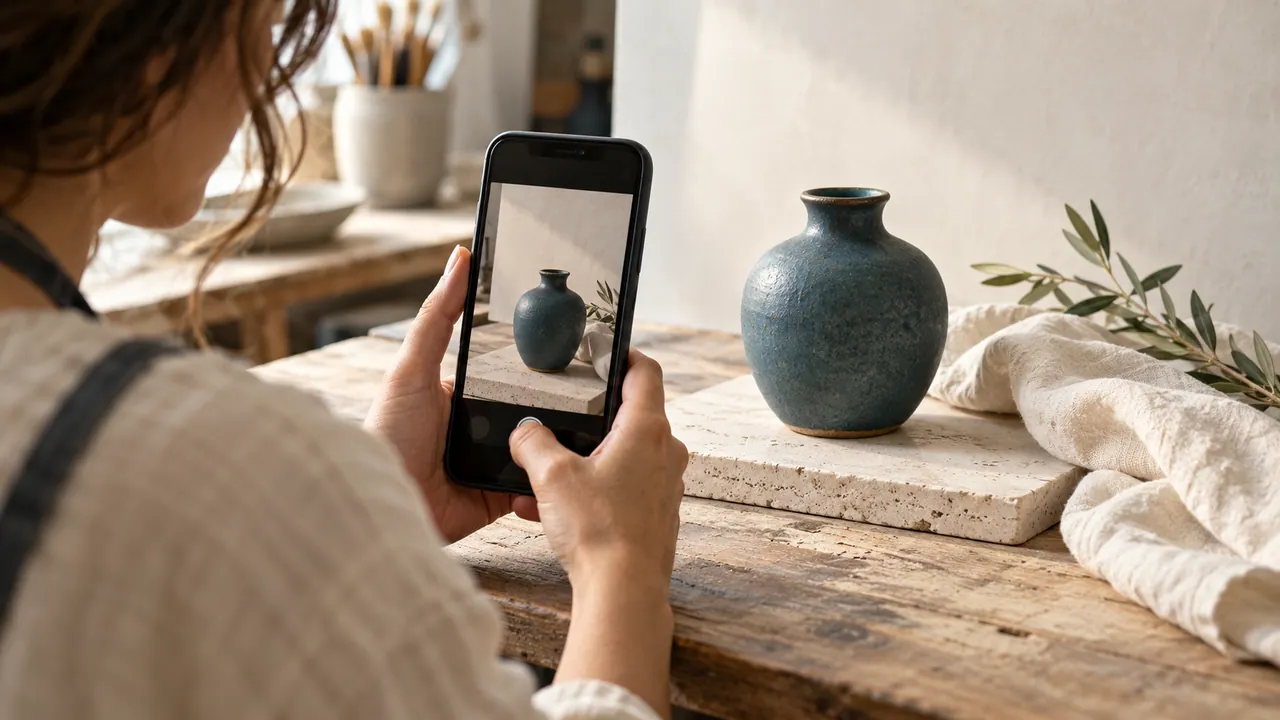 Smartphone che inquadra un prodotto in un piccolo set fotografico con luce naturale