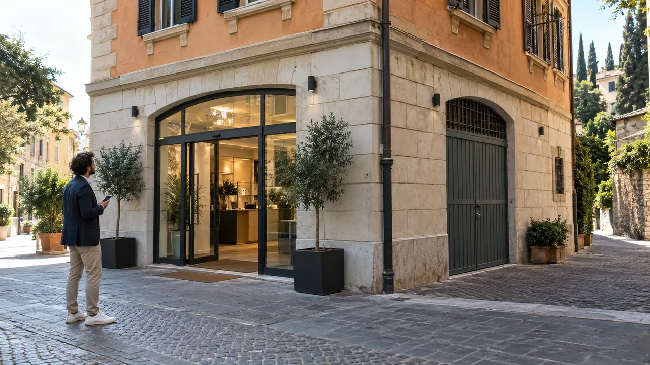 Scena illustrativa generata con AI: un visitatore consulta lo smartphone davanti a un edificio con due accessi su strade diverse.