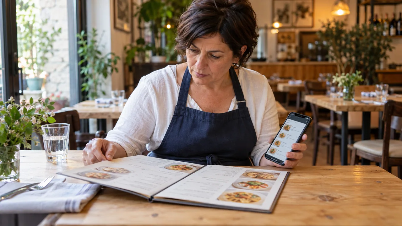 Ristoratrice che confronta il menu cartaceo con quello sullo smartphone al tavolo del locale
