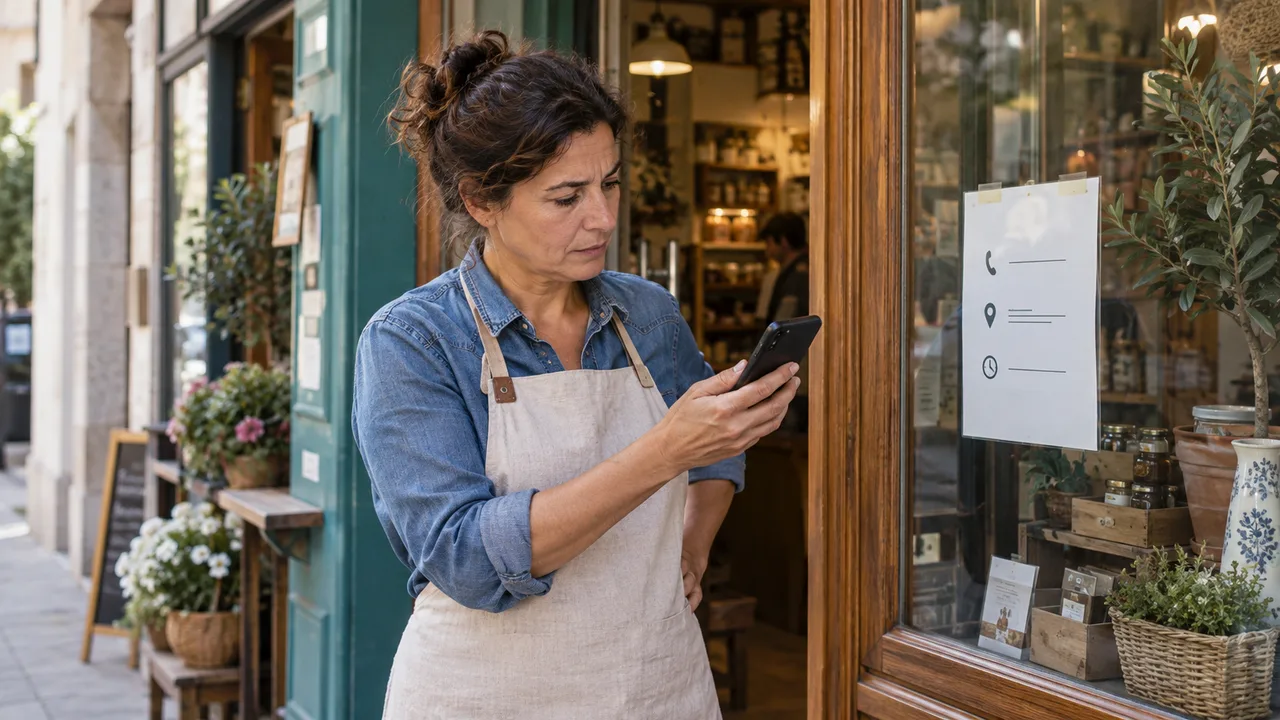 Titolare di un negozio verifica i recapiti dal telefono accanto alla vetrina.