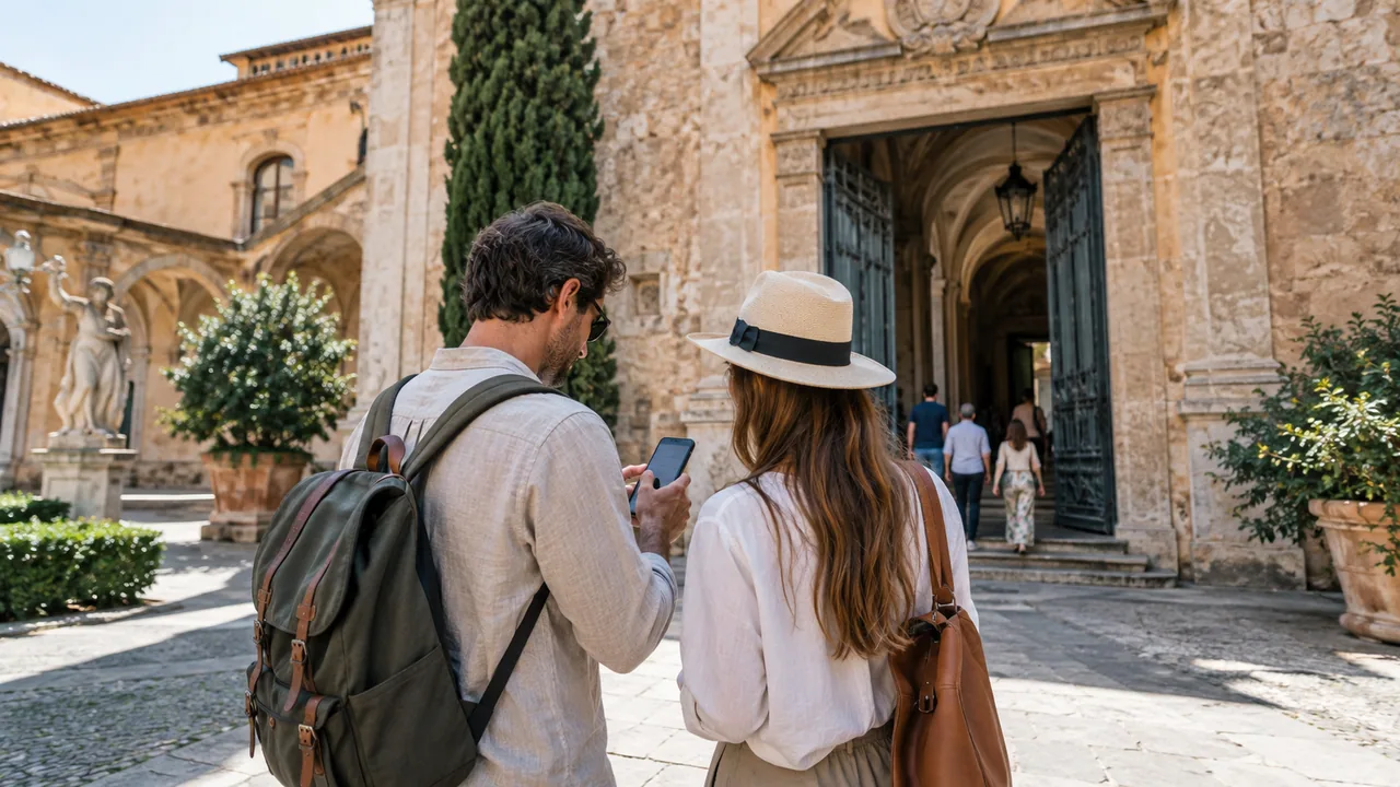 Due visitatori consultano uno smartphone davanti all’ingresso di un’attrazione culturale.