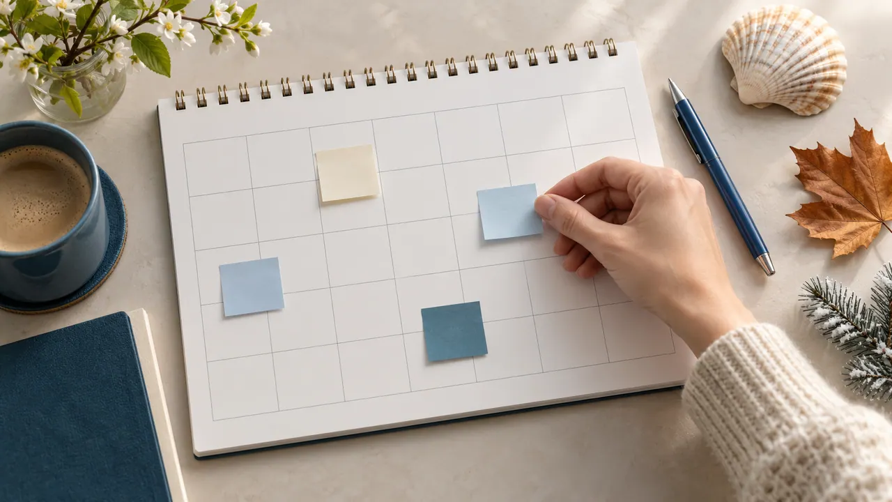 Calendario editoriale con cartoncini colorati, fiori, una conchiglia e foglie stagionali su un tavolo