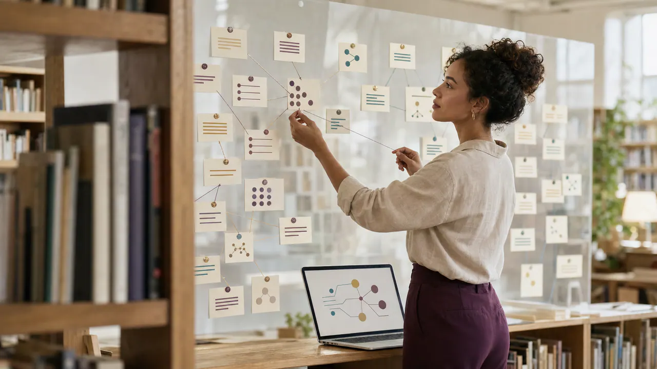 Professionista organizza contenuti e collegamenti per una strategia digitale