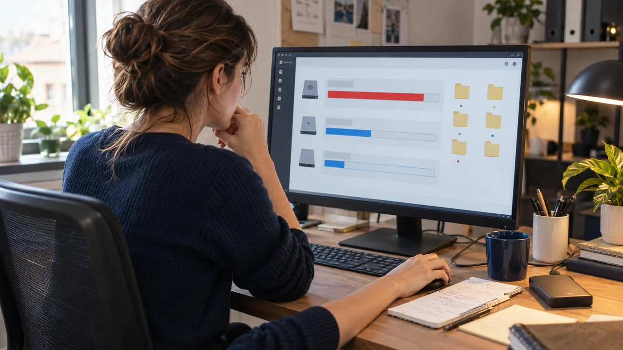 Una tecnica controlla l’utilizzo dello spazio di archiviazione sul monitor in ufficio.