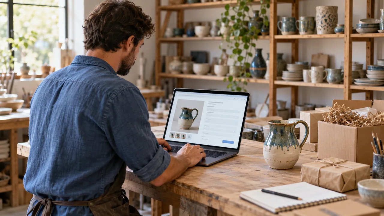 Responsabile di un negozio aggiorna il catalogo online dal portatile accanto ai prodotti