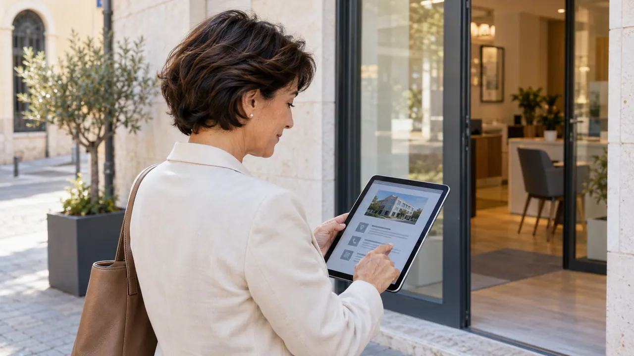 Titolare consulta le informazioni della propria attività su un tablet davanti alla sede