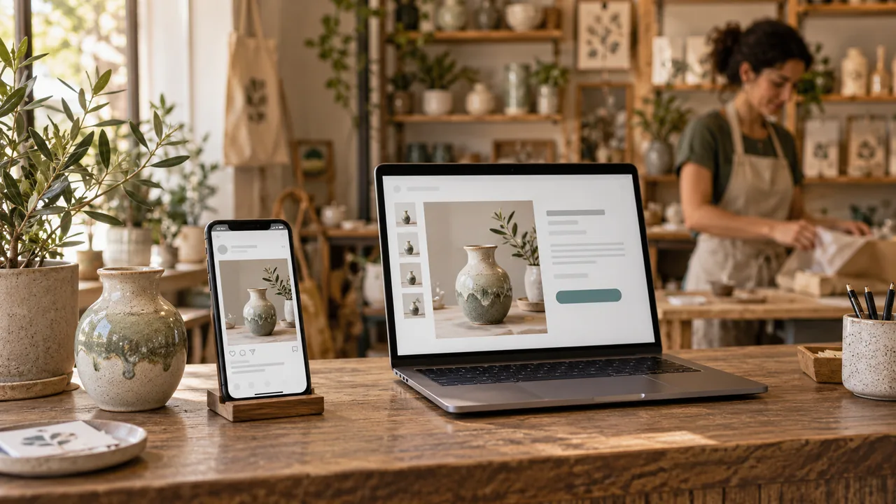 Smartphone e portatile mostrano una proposta coordinata accanto a un vaso in ceramica sul banco di un negozio.