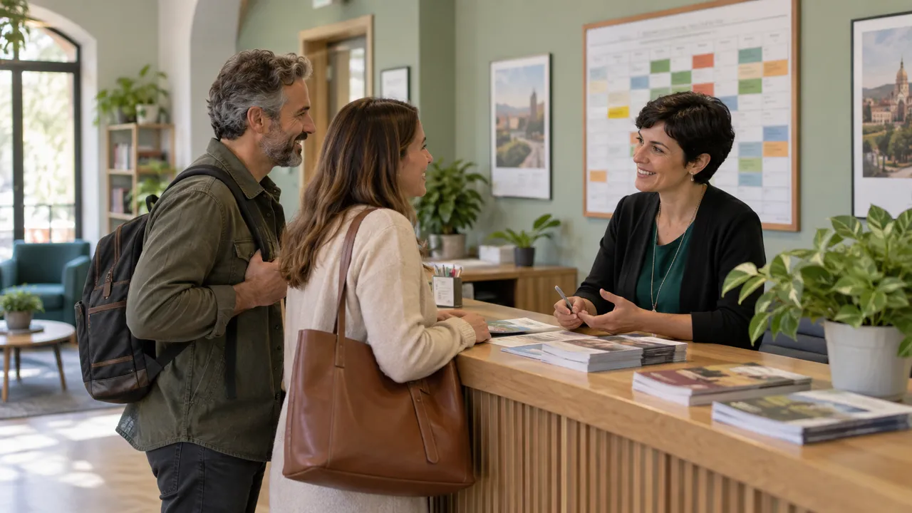 Reception di un centro corsi con calendario delle attività e clienti adulti che chiedono informazioni
