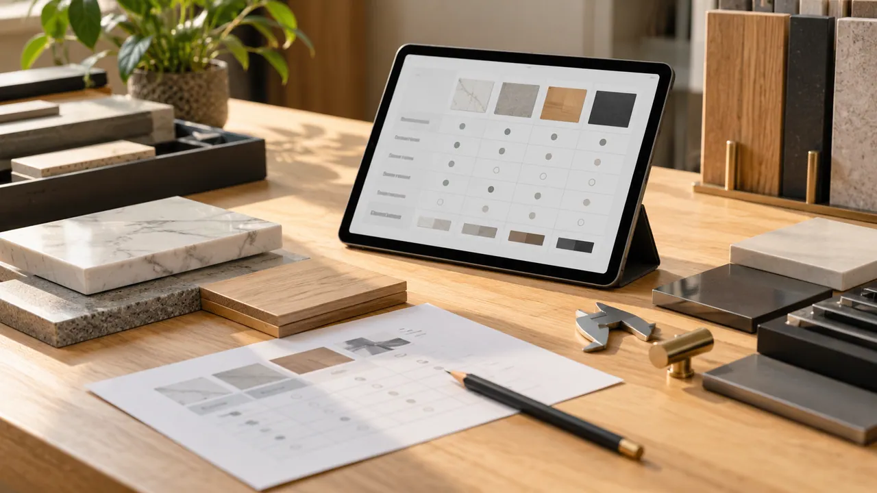 Un tablet mostra una tabella ordinata accanto a schede tecniche e campioni di prodotto.