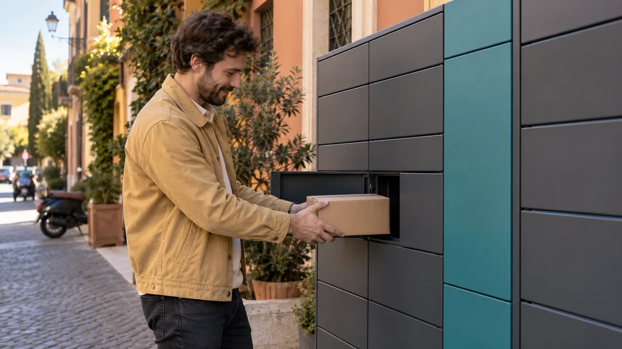 Scena illustrativa generata con AI: cliente ritira un pacco da un locker in una strada italiana.