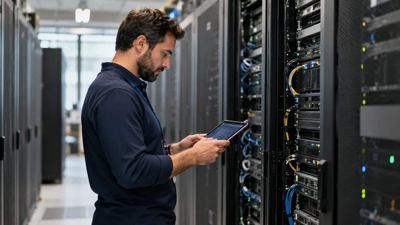 Tecnico con un tablet in un ambiente server durante il controllo dei registri delle richieste