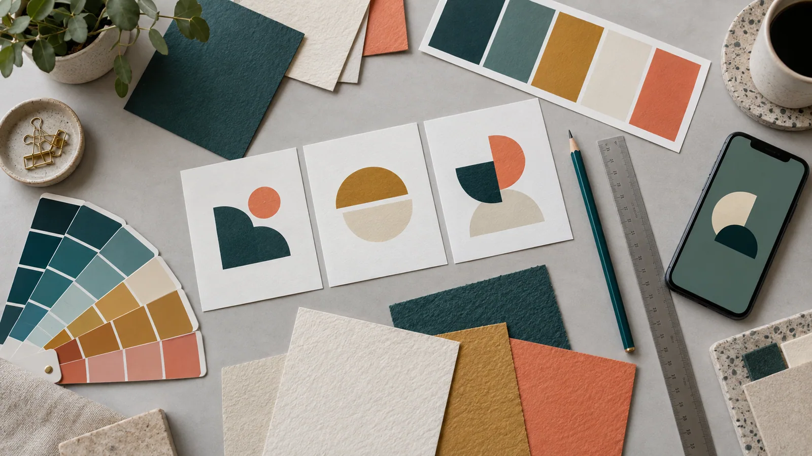 Campioni colore, carte e bozze grafiche disposti su un tavolo accanto a uno smartphone.