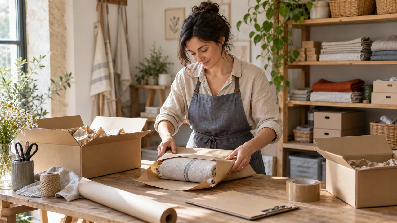 Scena illustrativa: artigiana che prepara un ordine con prodotti tessili nel proprio laboratorio.