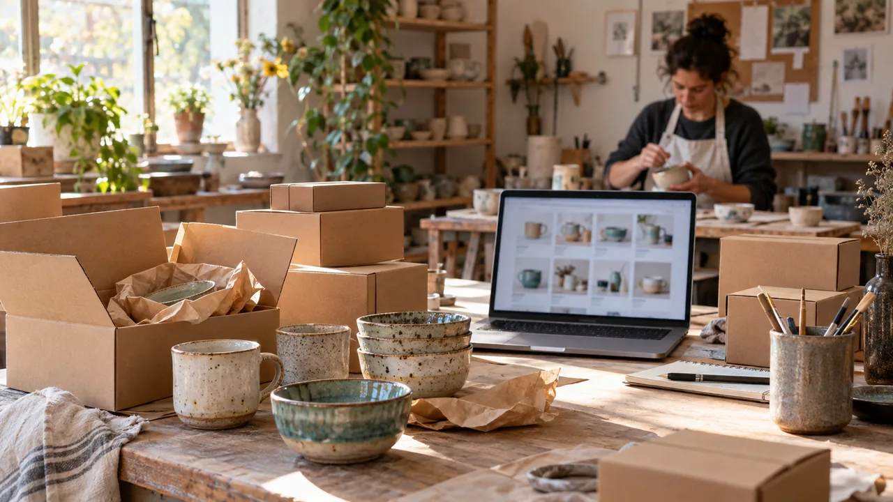 Scena illustrativa di un laboratorio di ceramica con prodotti, confezioni e postazione per il catalogo.