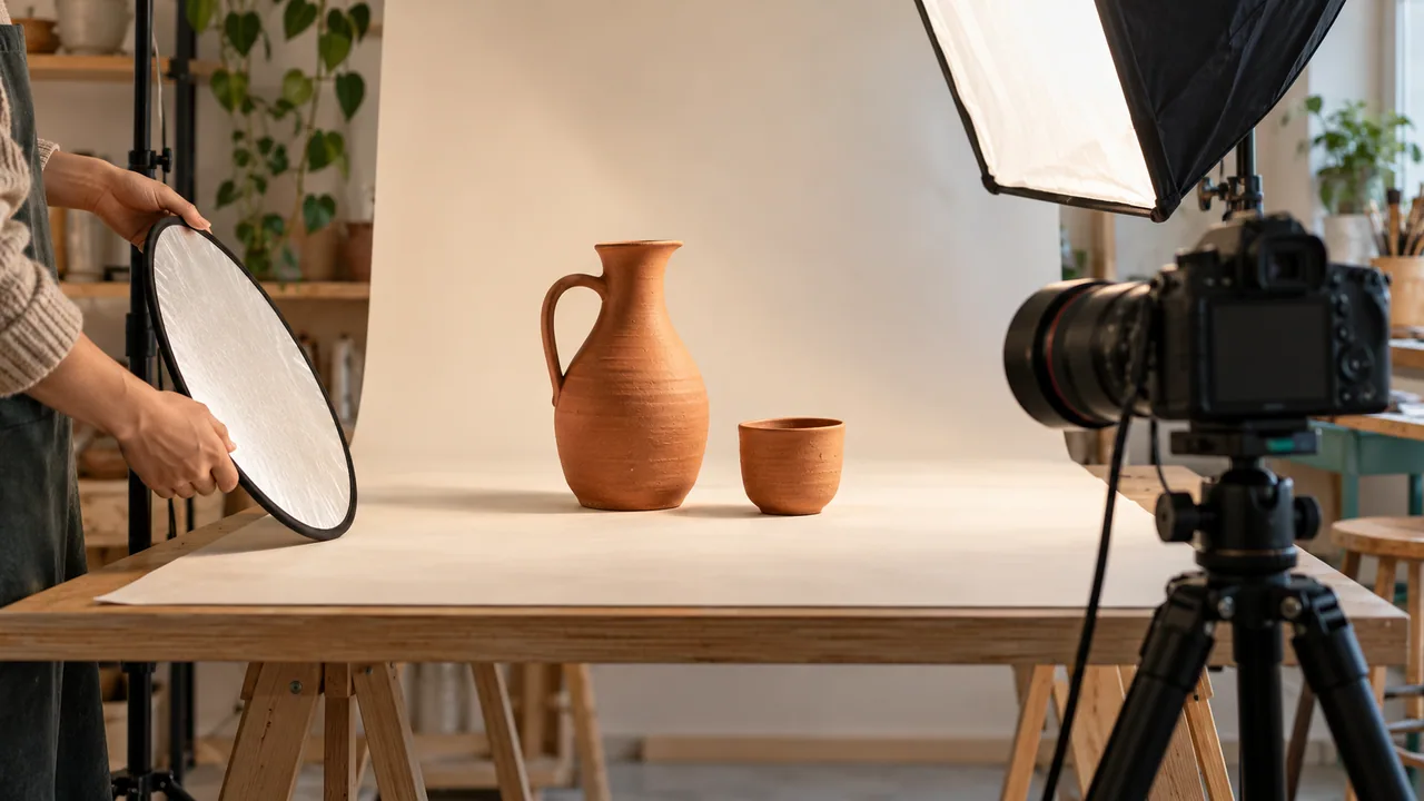 Set fotografico con caraffa e tazza su fondo neutro, fotocamera e illuminazione diffusa.