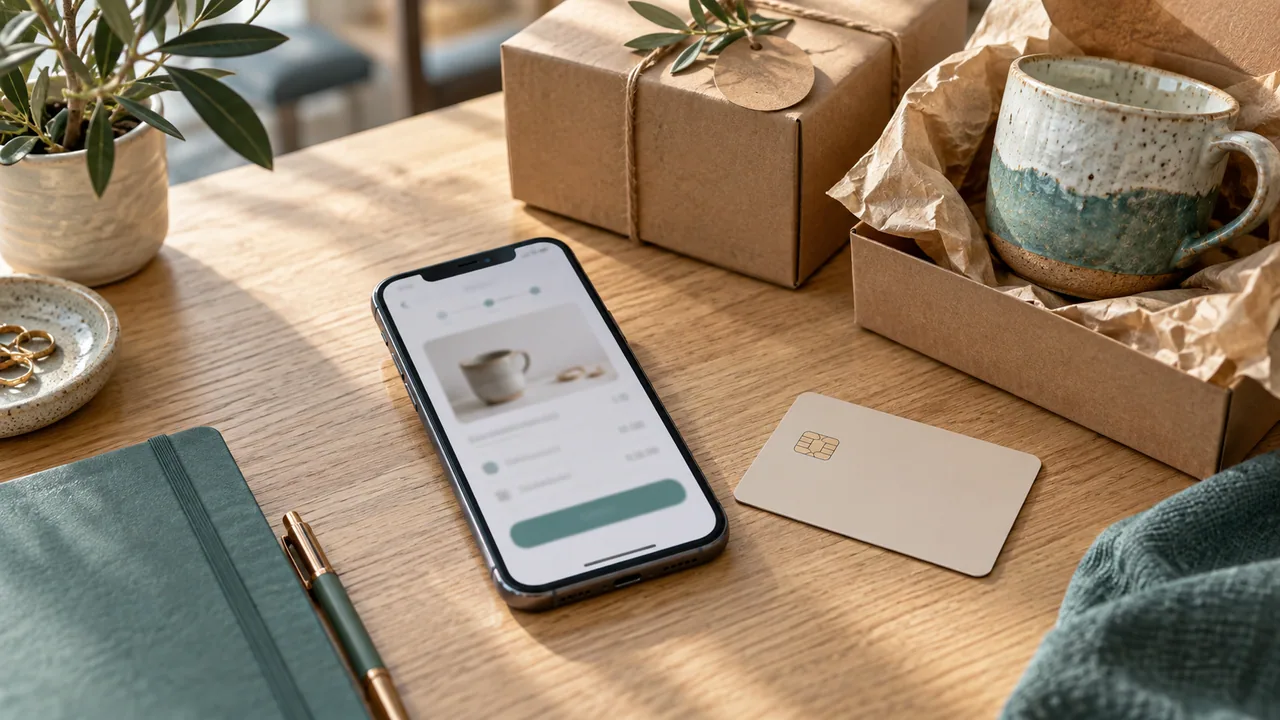 Smartphone, carta di pagamento e prodotto confezionato su un banco vendita in legno.