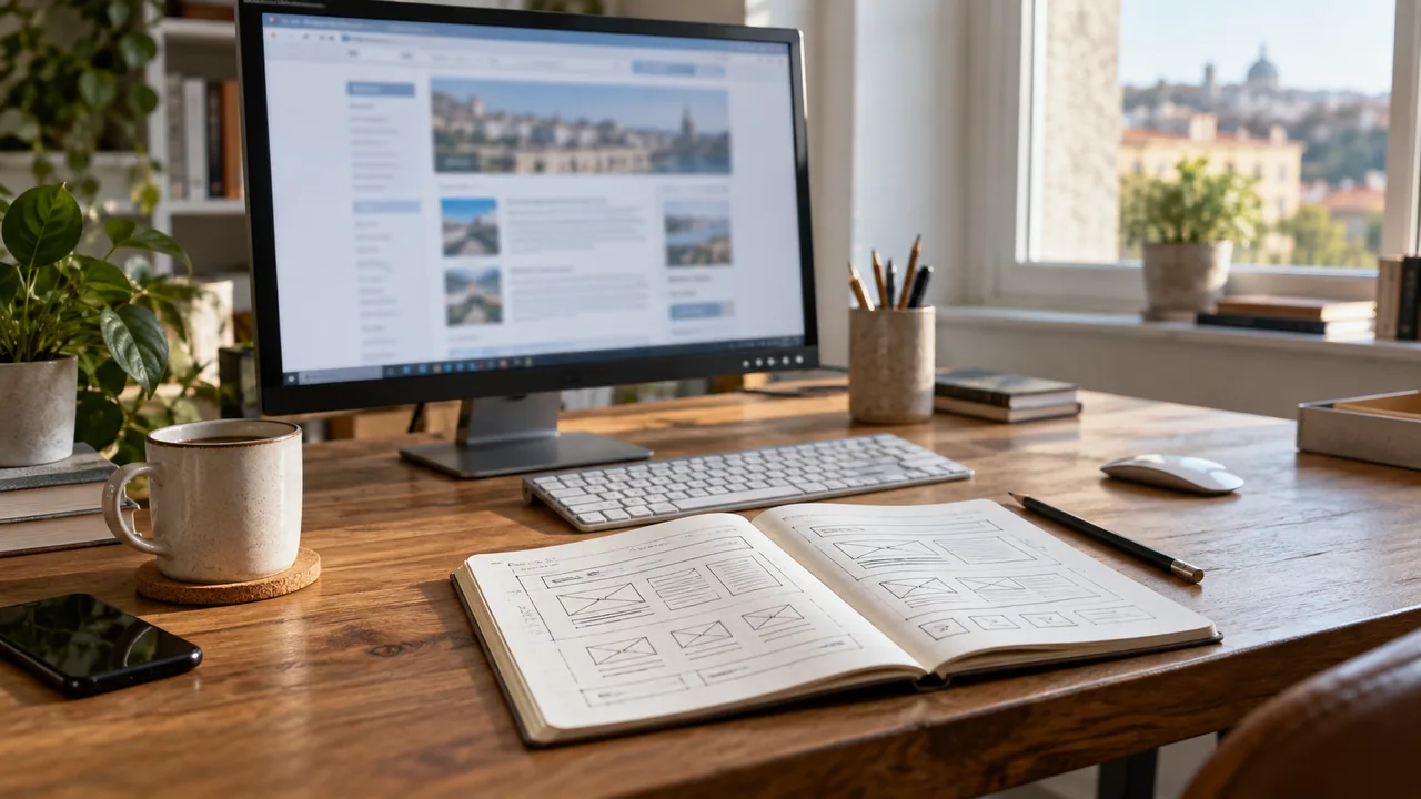 Interfaccia di un vecchio sito e quaderno con la progettazione di nuove pagine su una scrivania