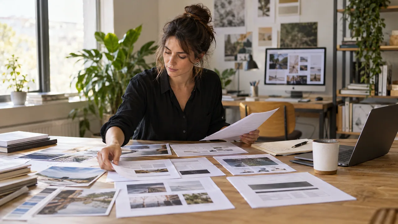 Designer organizza pagine e materiali stampati su un tavolo di progetto.