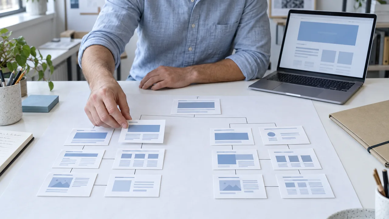 Tavolo di progettazione con schede delle pagine e computer per organizzare il trasferimento di un sito.