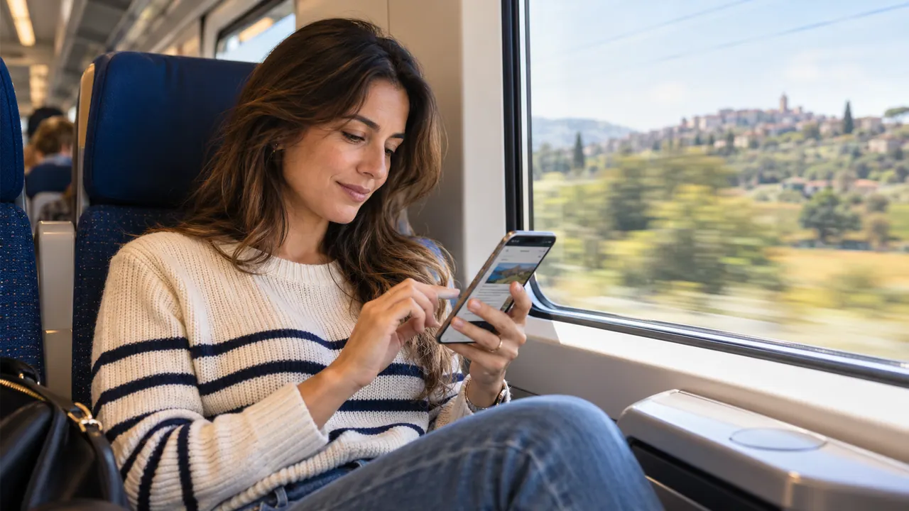 Una viaggiatrice consulta un sito dal telefono mentre viaggia in treno.