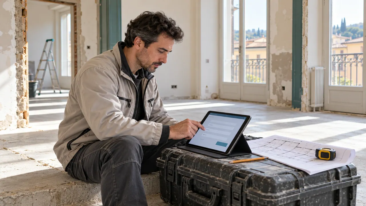 Un tecnico compila un modulo su tablet durante un sopralluogo in un appartamento in ristrutturazione