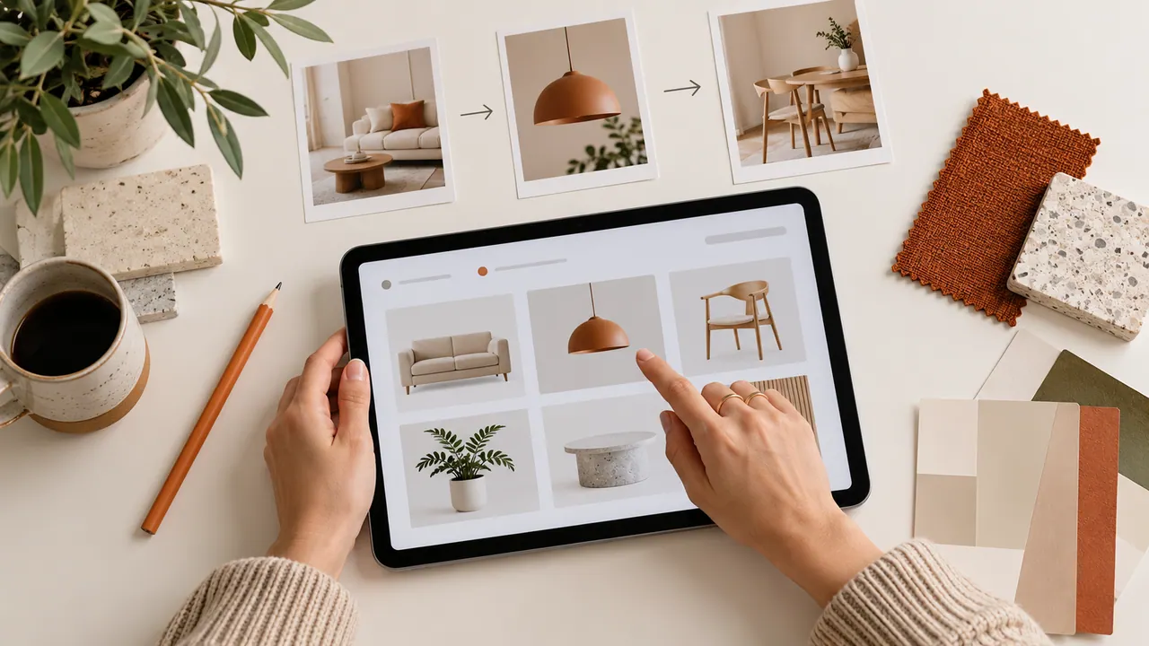 Una persona passa dalle categorie alle schede di un catalogo su un tablet.