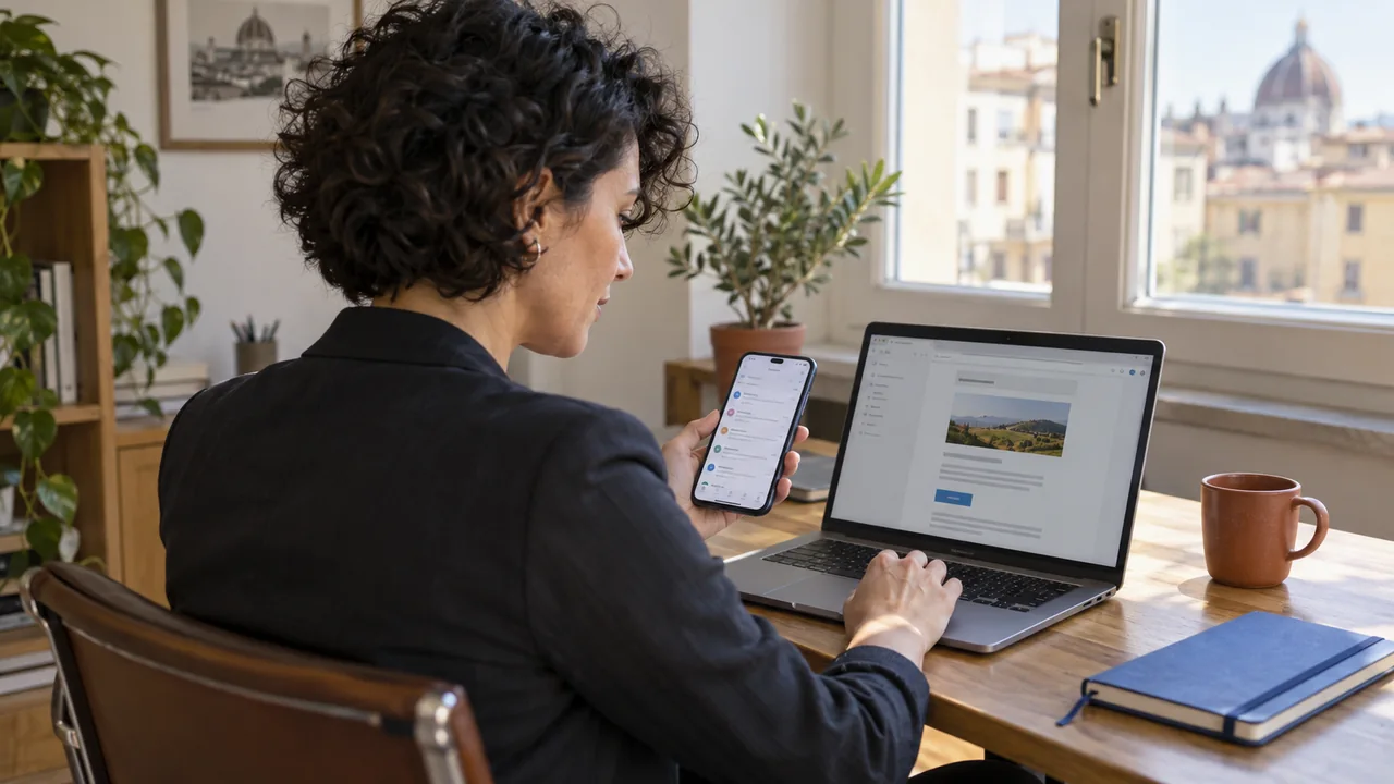 Responsabile marketing controlla una campagna email con laptop e smartphone sulla scrivania.