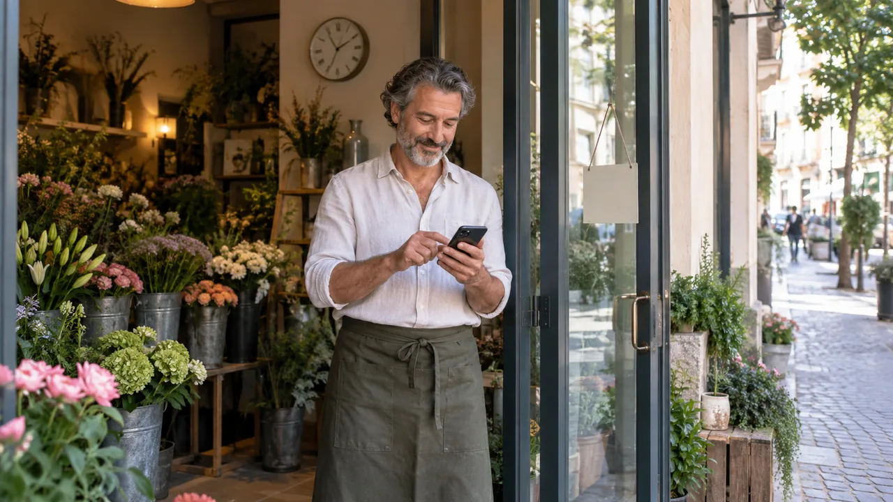 Scena illustrativa: un fiorista all’ingresso del negozio controlla gli orari sullo smartphone.