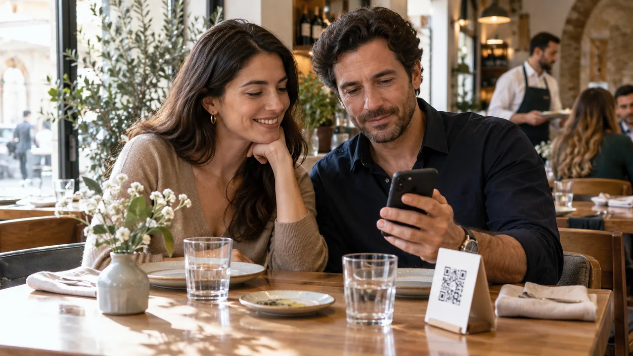 Coppia al tavolo di un ristorante mentre consulta lo smartphone accanto a un supporto con QR code.