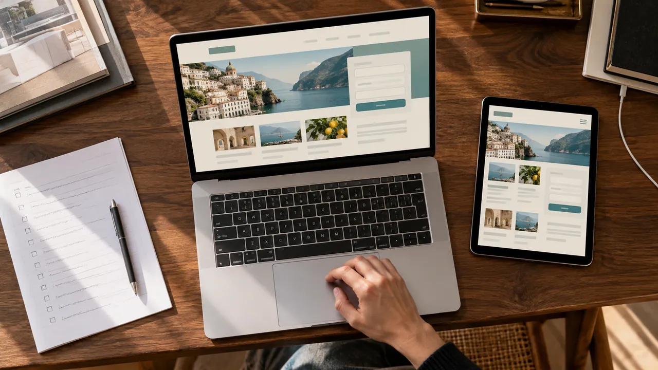 Portatile e tablet su una scrivania durante una verifica del funzionamento di un sito web
