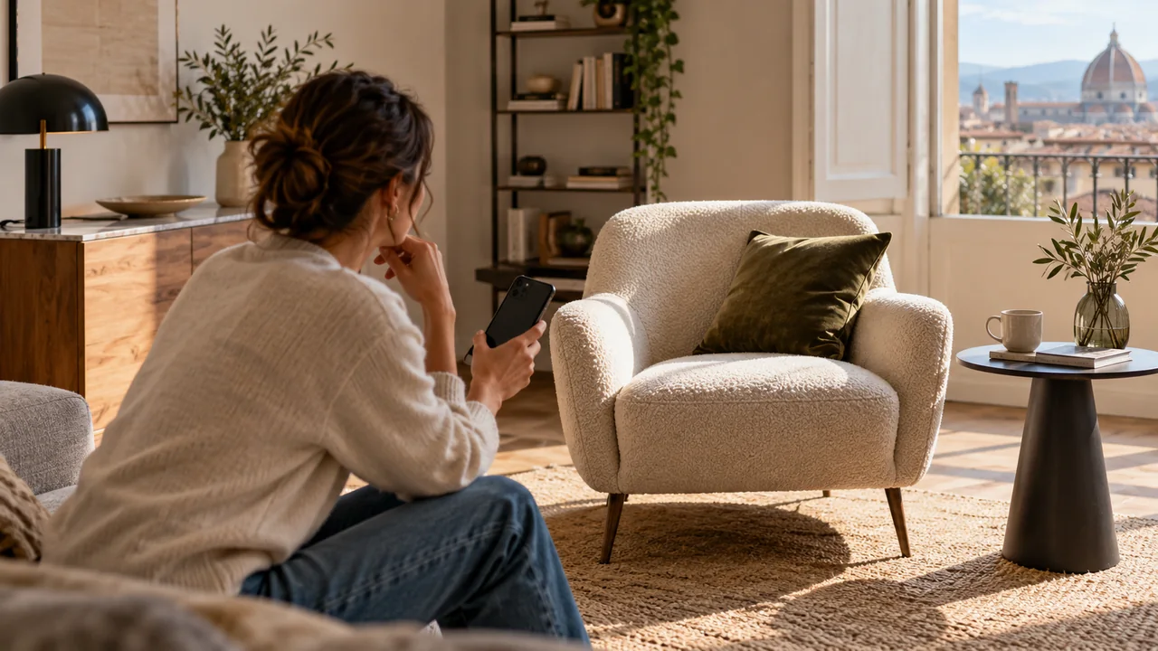Scena illustrativa generata con AI: una persona valuta un acquisto di arredamento usando lo smartphone nel soggiorno.