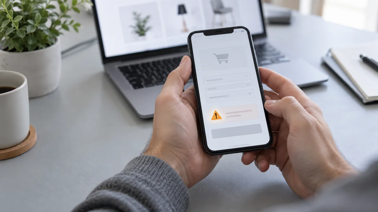 Scena illustrativa: mani che usano uno smartphone durante un acquisto online, con un portatile sullo sfondo.